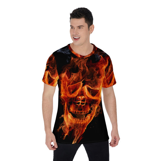 Flaming skull Men's O-Neck T-Shirt, Fire gothic skull tshirt, skeleton shirt, Halloween tshirt