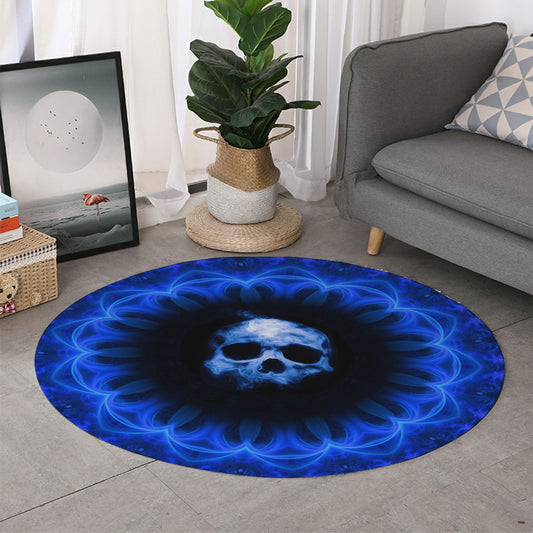 Flaming skull Thicken foldable door mat, gothic skeleton Halloween round floor mat carpet