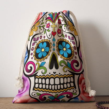 Dia de los muertos sugar skull Drawstring Bag, Mexica calaveras skull drawstring bag