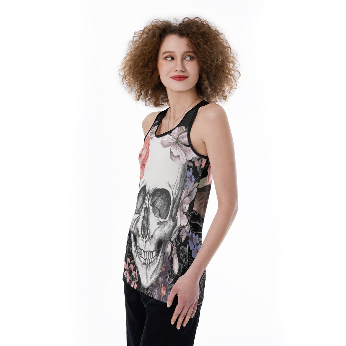 Floral skull Women's Back Hollow Tank Top, rose skull women's tank top