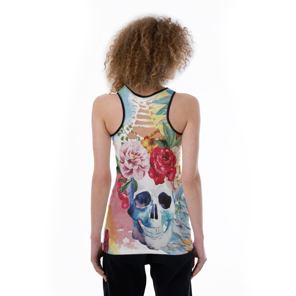 Skull floral Women's Back Hollow Tank Top, Sugar skull tank top, sugar skull shirt