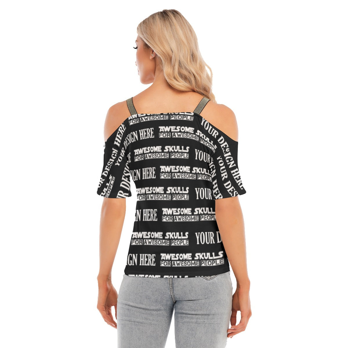 Custom print on demand pod Women's Top Cold Shoulder T-shirt With Golden Elastic Band On Neck
