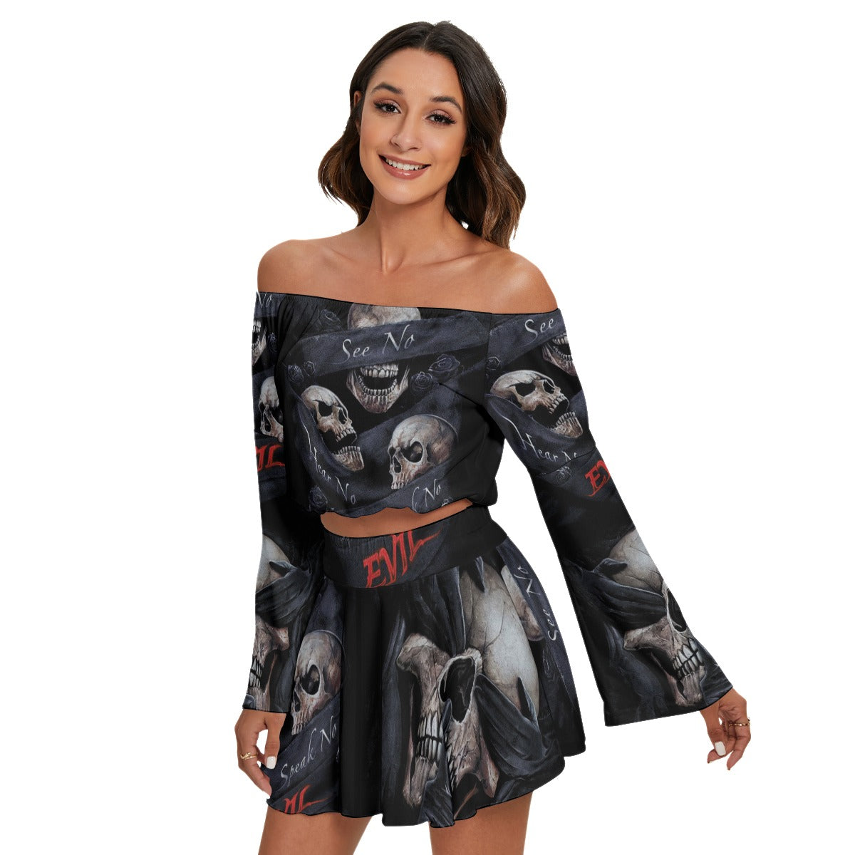 No see no hear no speak Women's Off-shoulder Top And Skirt Set