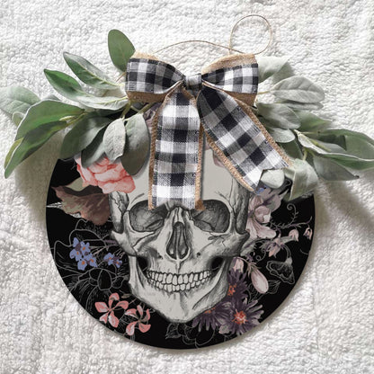 Floral skull Round doorplate with bow decoration, Skeleton skull doorplate decoration, Gothic decor