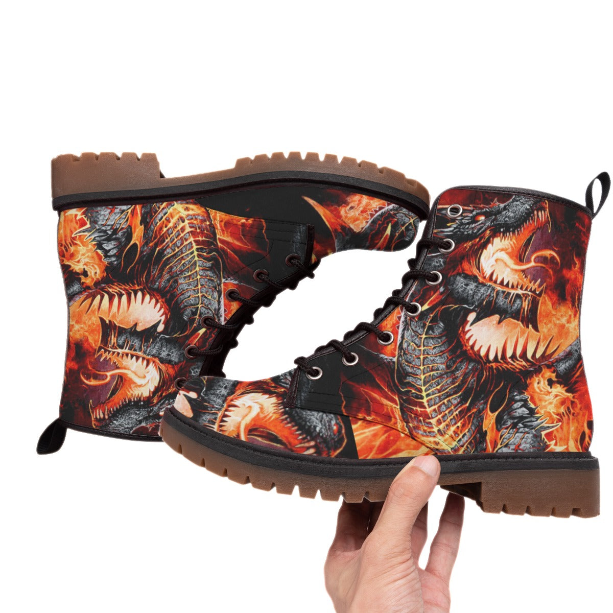 Dragon gothic horror skull Men's Martin Short Boots, dragon skeleton flaming skull shoes