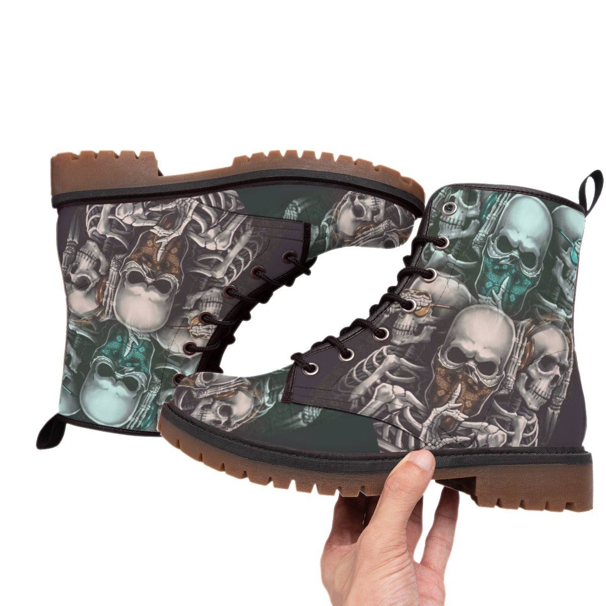 No see no hear no speak evils skull Men's Martin Short Boots, skull men's shoes