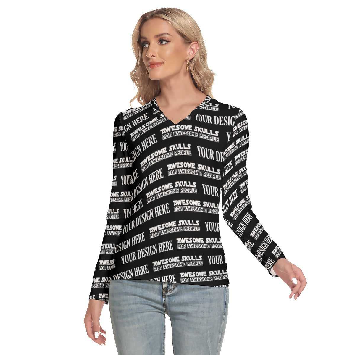 Custom print on demand pod Women's Shirts V-Neck Long Sleeves T-Shirt