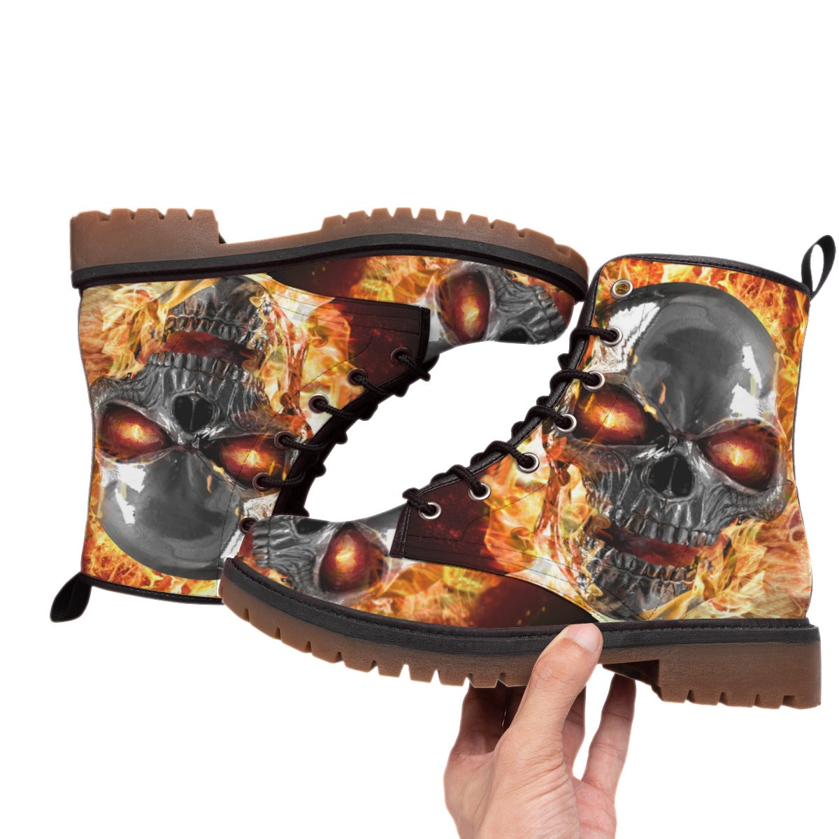 Flaming gothic skull women's Men's Martin Short Boots, Gothic fire skull boots shoes for women men