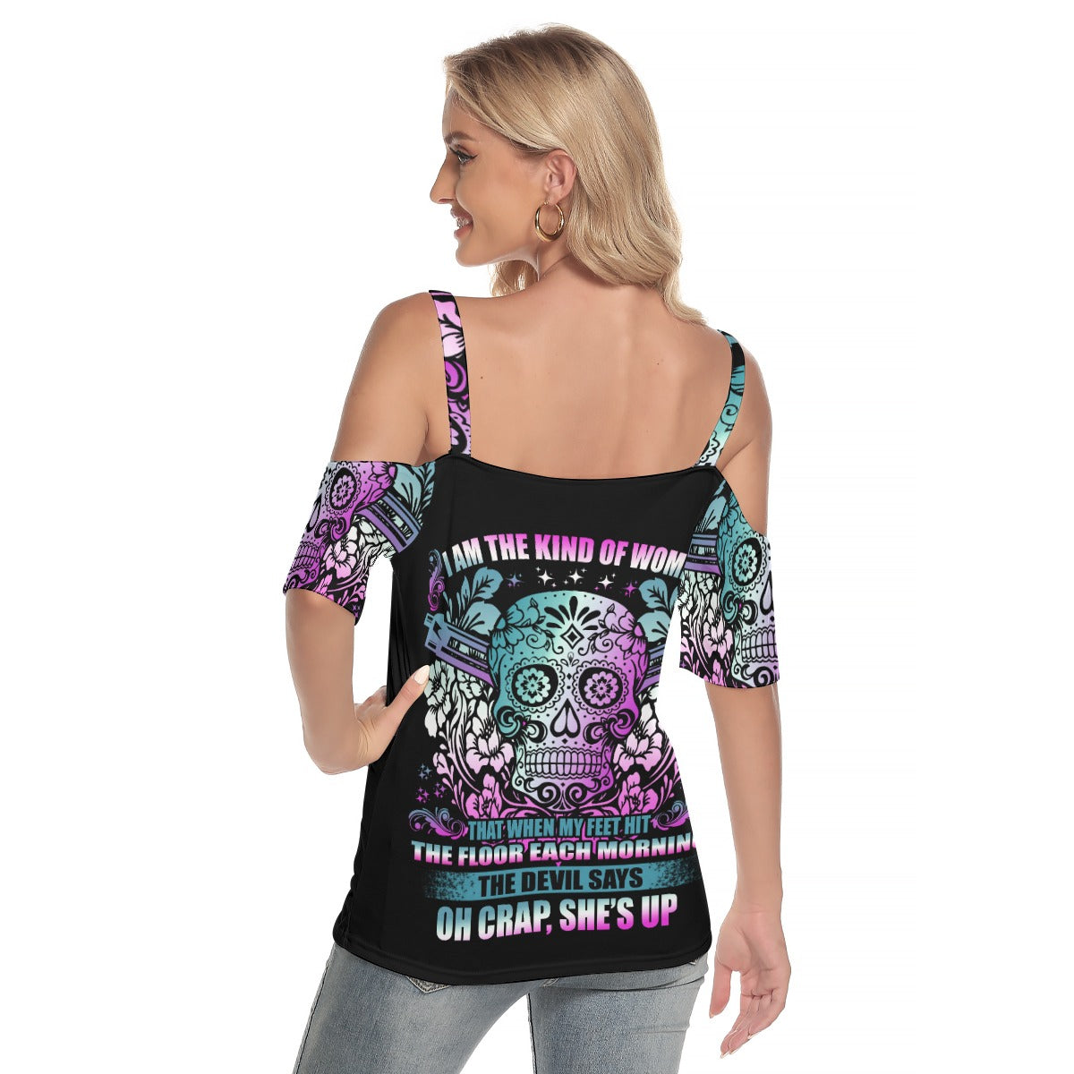 Sugar skull Women's Cold Shoulder T-shirt With Criss Cross Strips