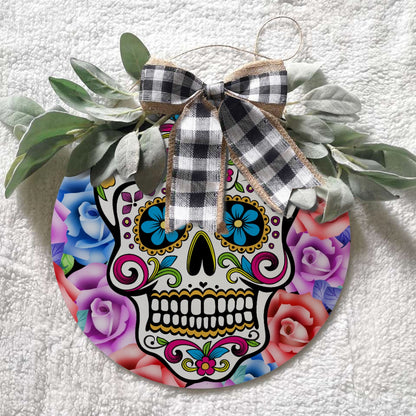 Christmas sugar skull Round doorplate with bow decoration, Day of the dead decoration