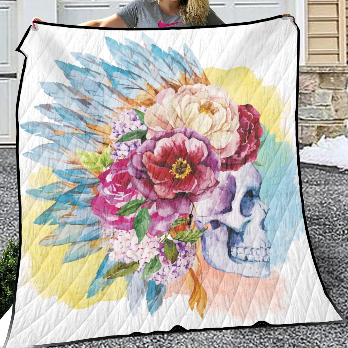 Floral Gothic skull Household Lightweight & Breathable Quilt, Rose Skeleton Halloween quilt