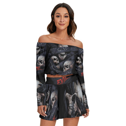 No see no hear no speak Women's Off-shoulder Top And Skirt Set