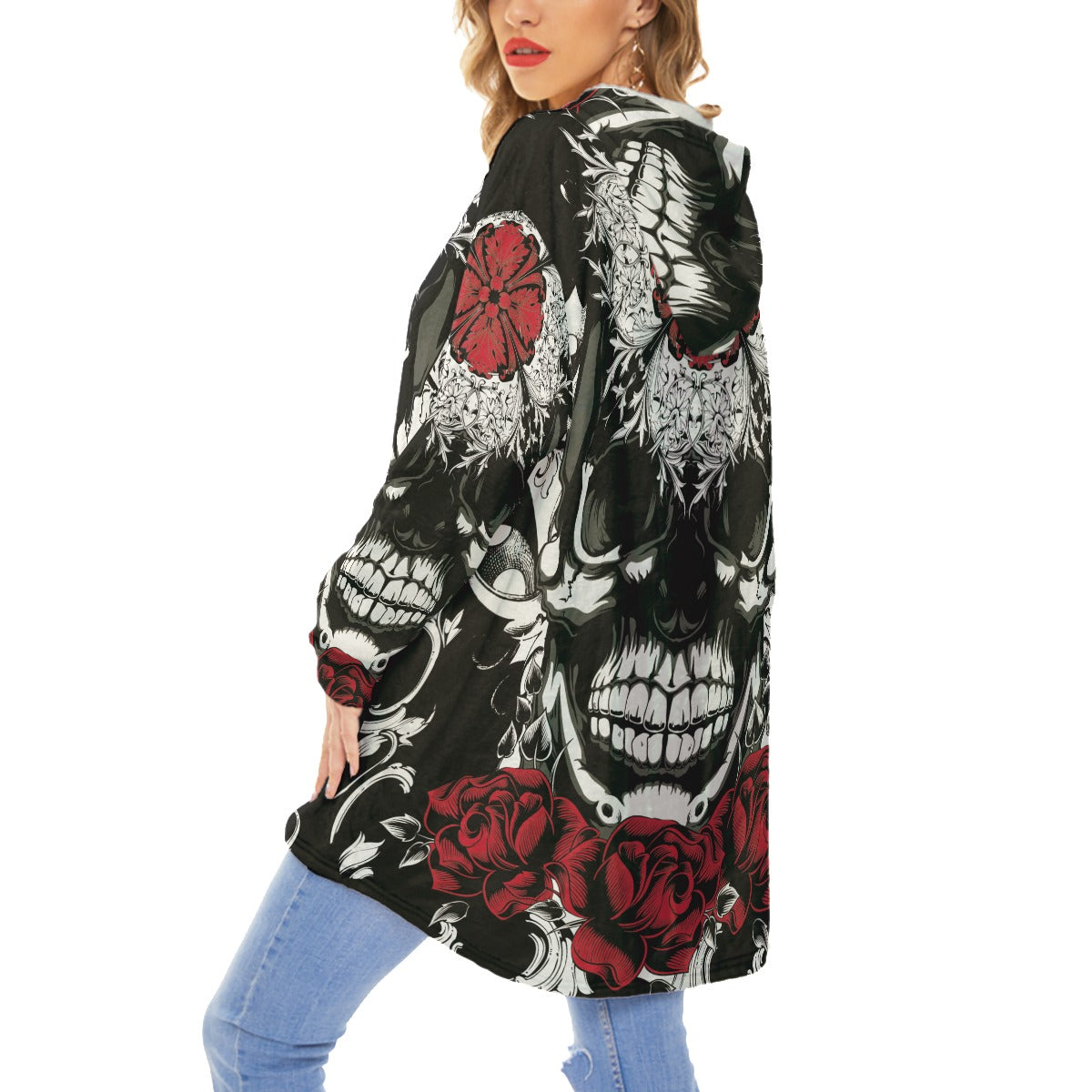 Floral skull Halloween Unisex Flannel Fleece Blanket With Pocket