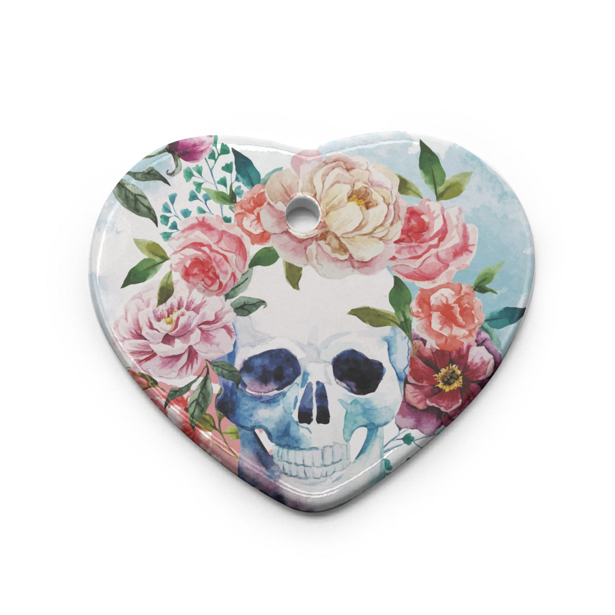 Floral skull Heart Shaped Christmas Ceramic Pendant, Halloween skull ornament, christmas skull