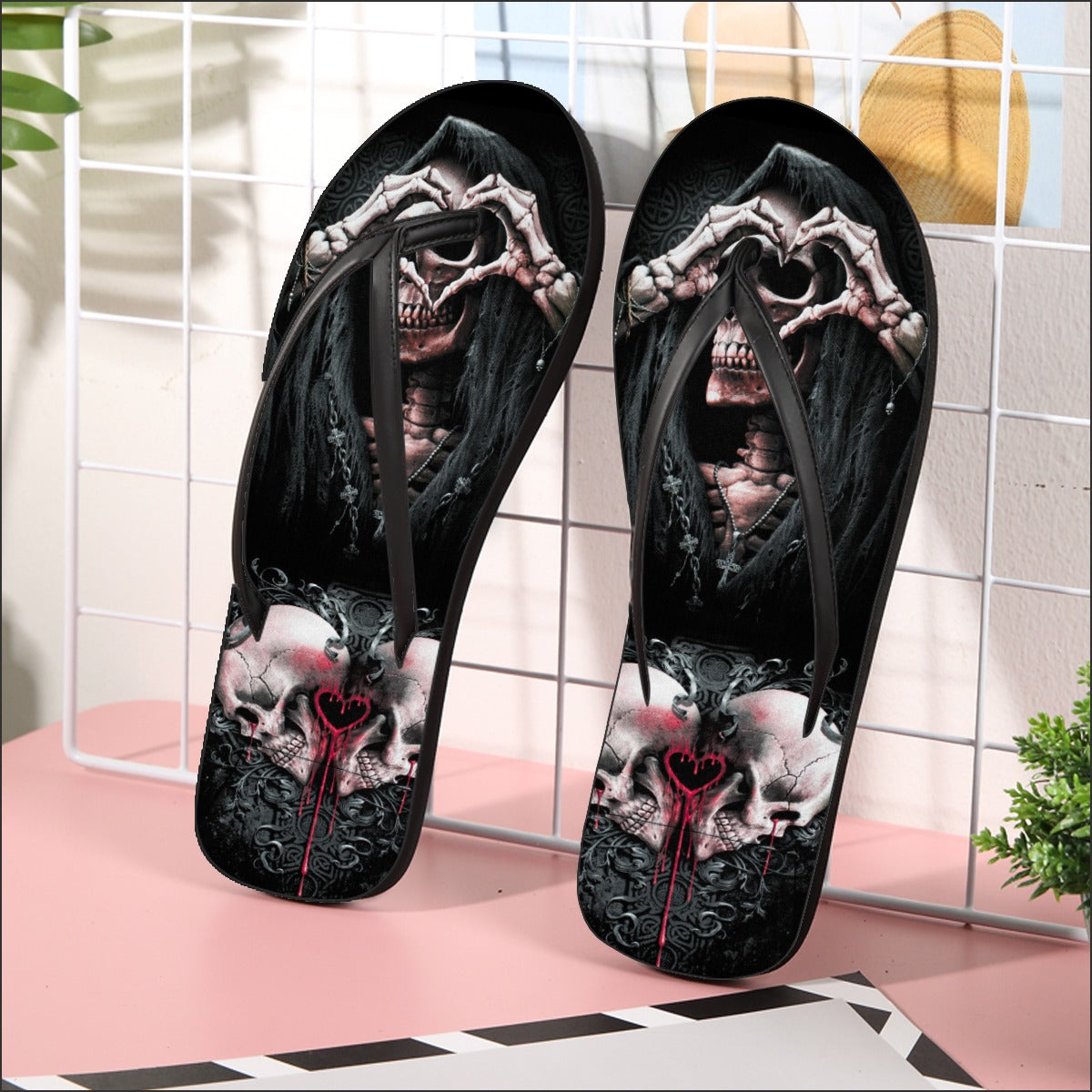 Grim reaper heart Women's Flip Flops, Gothic skeleton women's flip flops sandals shoes