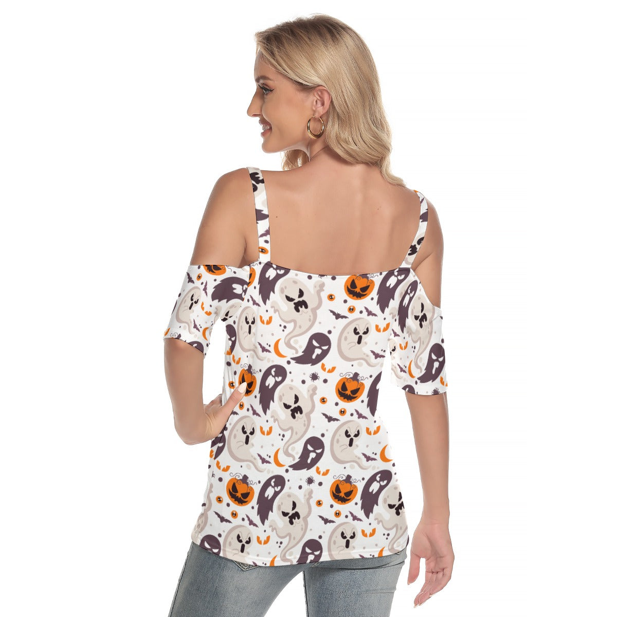 Halloween Women's Cold Shoulder T-shirt With Criss Cross Strips