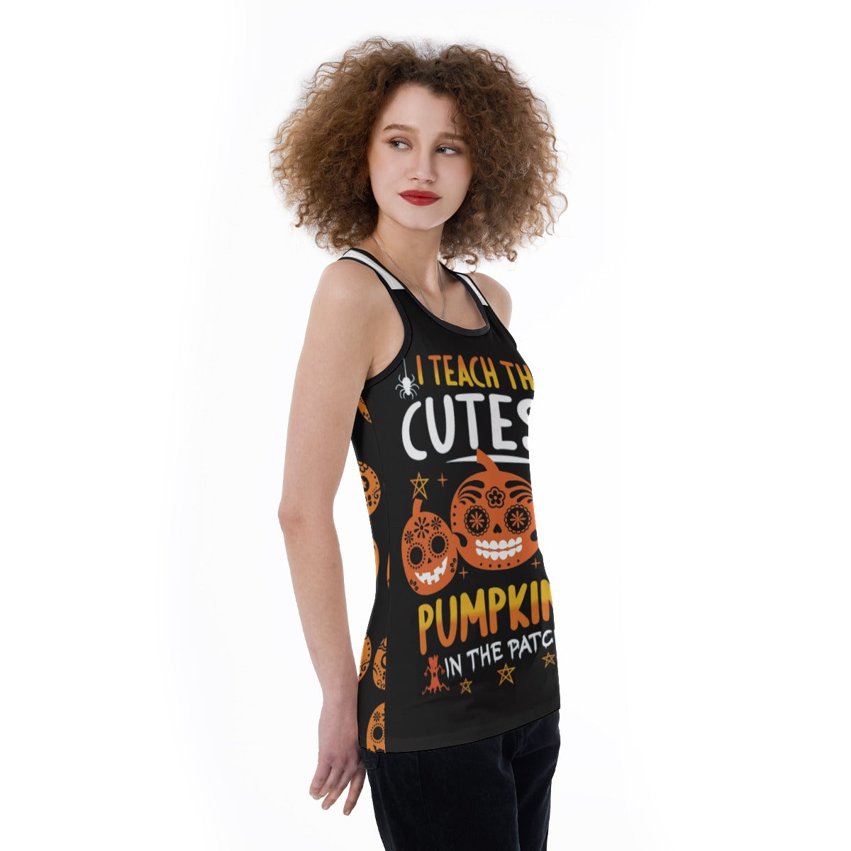 Sugar skull pumpkin Halloween Women's Back Hollow Tank Top