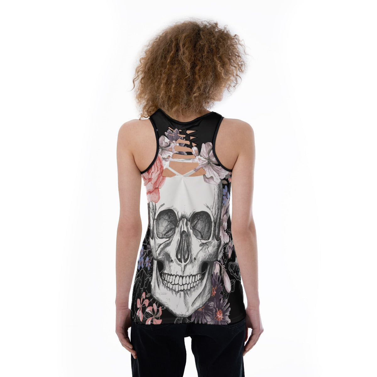 Floral skull Women's Back Hollow Tank Top, rose skull women's tank top