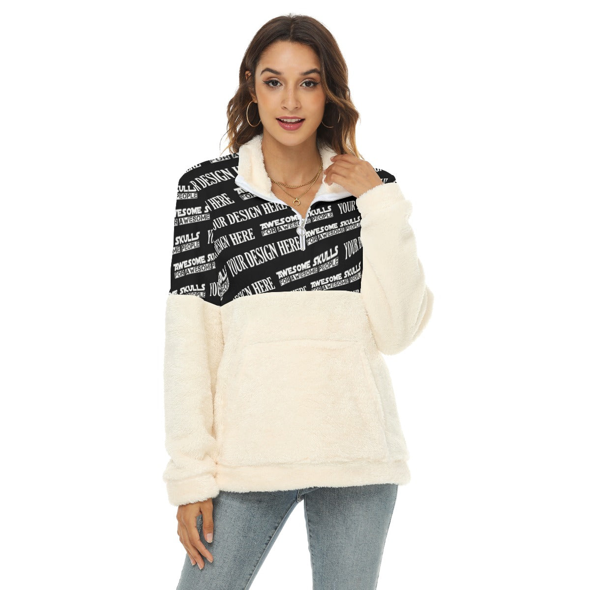 Custom print on demand pod Women's Hoodie Borg Fleece Sweatshirt With Half Zip