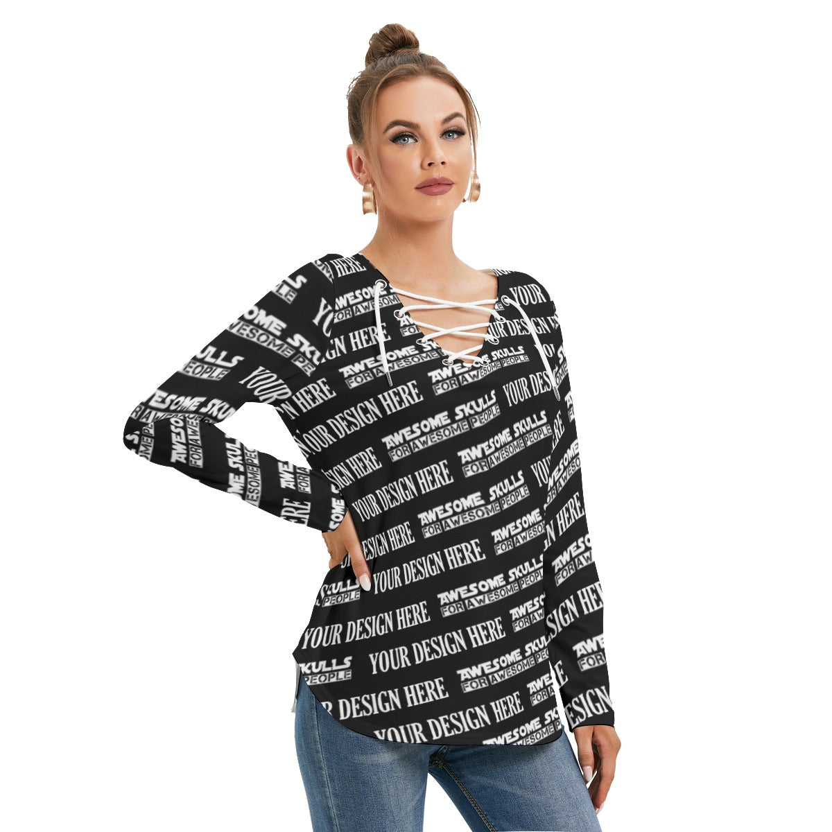 Custom print on demand pod Women's Hoodie Long Sleeve Neckline Tie Sweatshirt