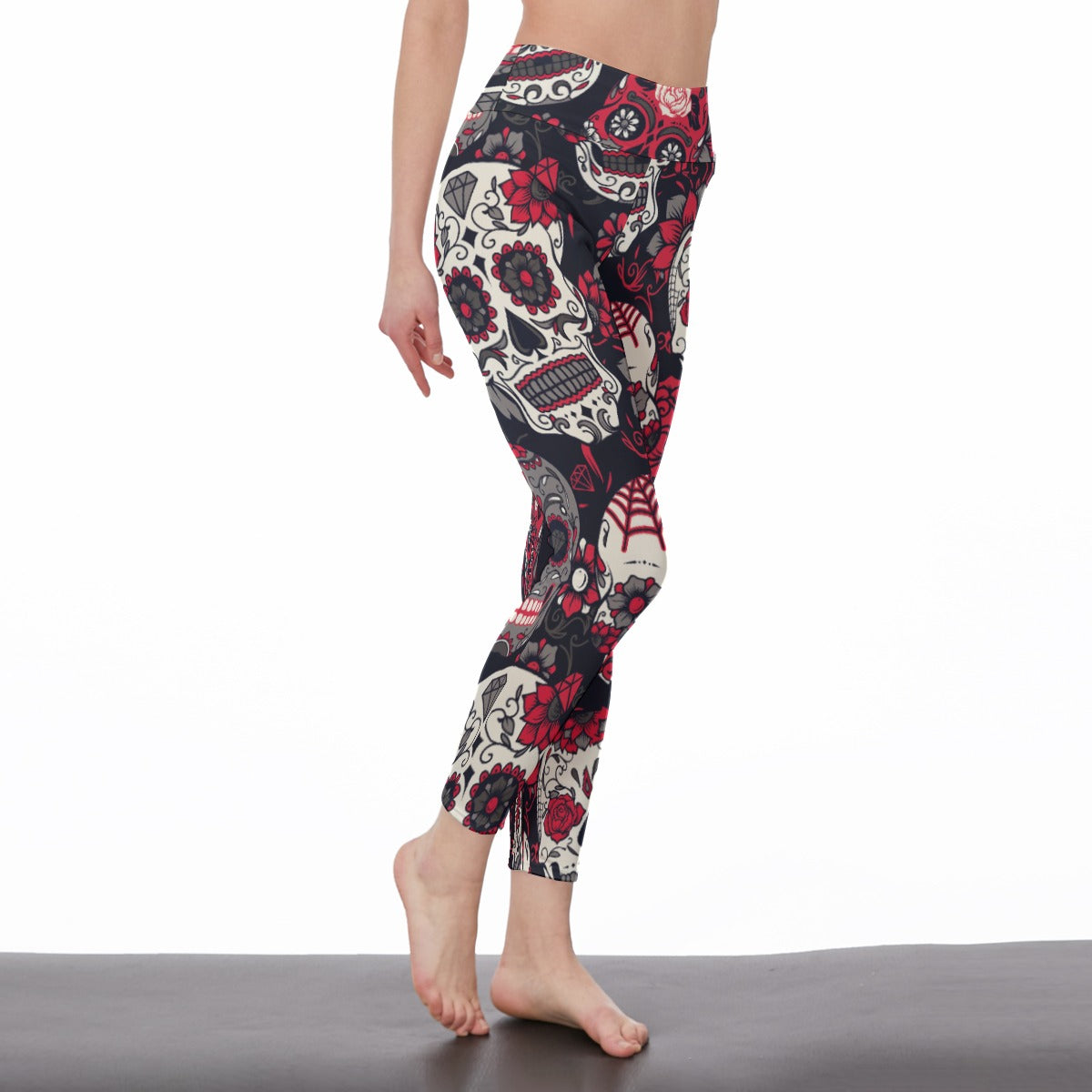 Floral skull Women's Casual Leggings, Skull gothic day of the dead yoga fitness pants leggings