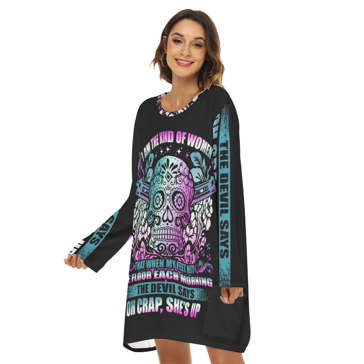 Sugar skull day of the dead Women's Loose Crew Neck Dress