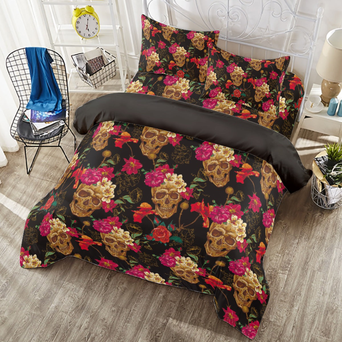 Floral skull Four-piece Duvet Cover Set, sugar skull bedding set, Day of the dead bedding