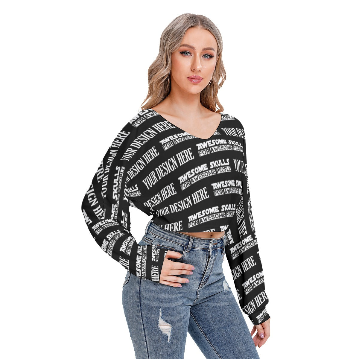 Custom print on demand pod Women's Hoodie V-neck Drop-shoulder Cropped Sweatshirt