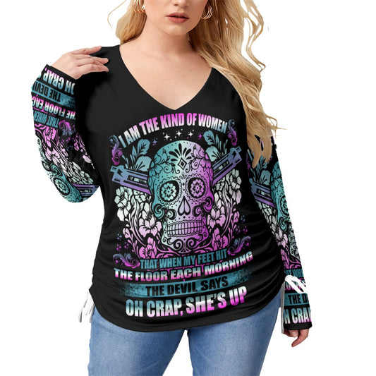 All-Over Print Women’s V-neck T-shirt With Side Drawstring(Plus Size)