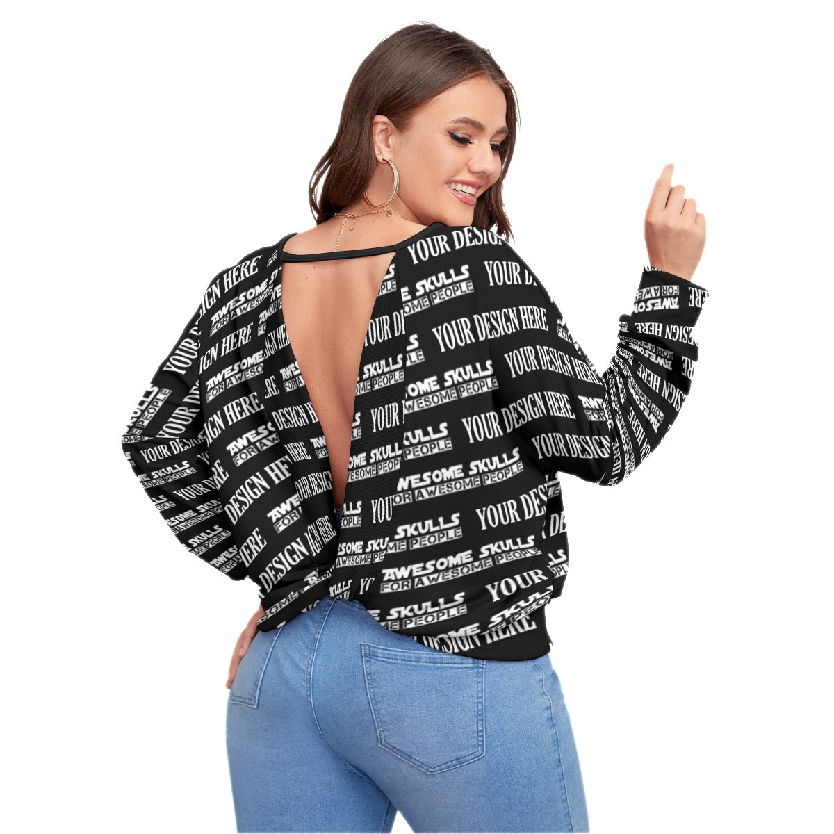 Custom print on demand pod Women's Hoodie Backless Sweatshirt With Bat Sleeve(Plus Size)