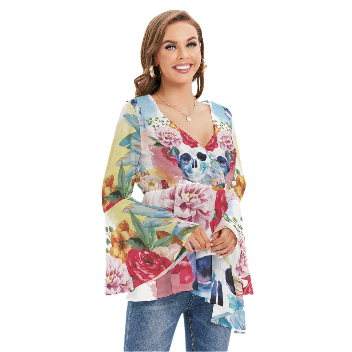 Floral sugar skull Women's V-neck Blouse With Flared Sleeves