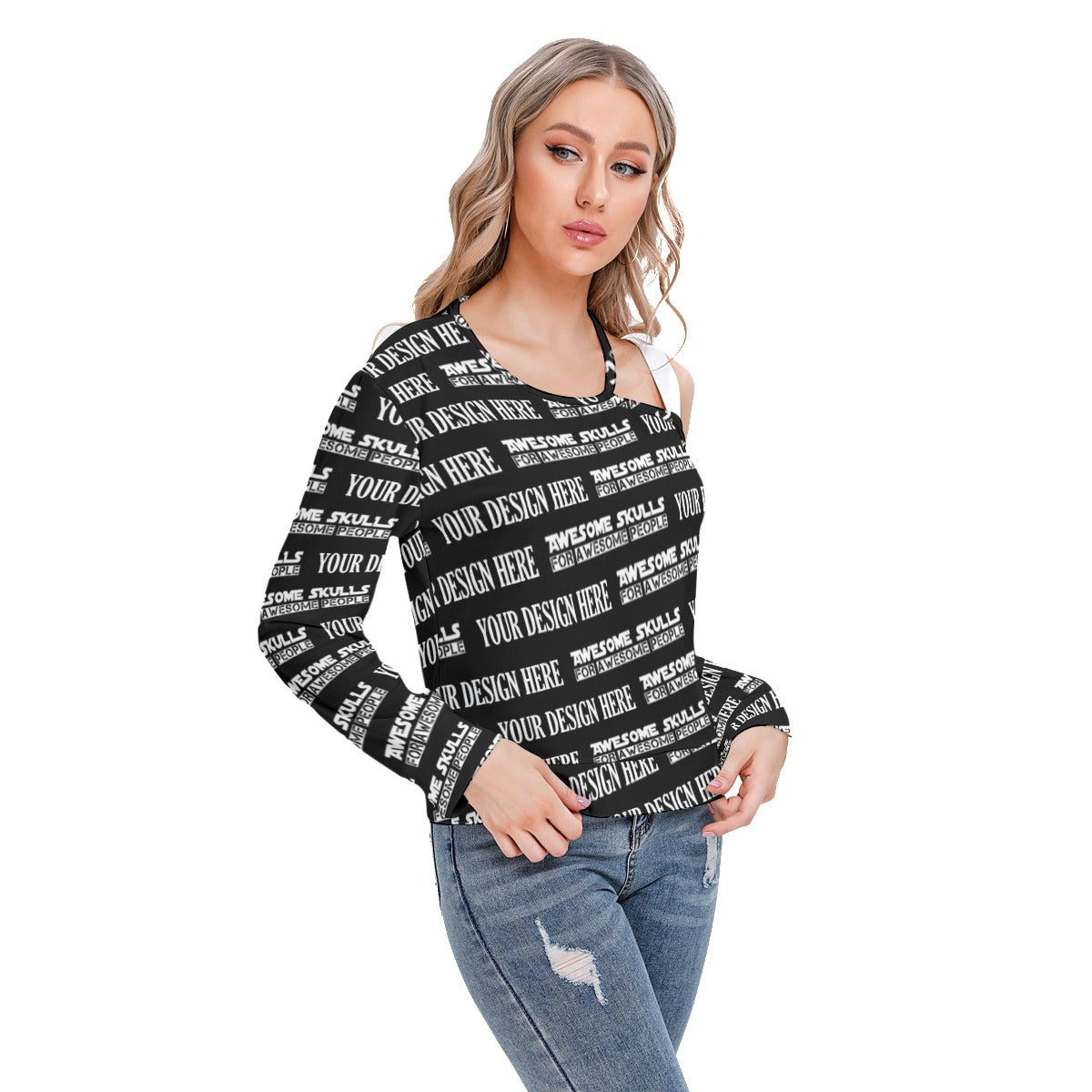 Custom print on demand pod Women's Hoodie One-shoulder Cut O-neck Sweatshirt