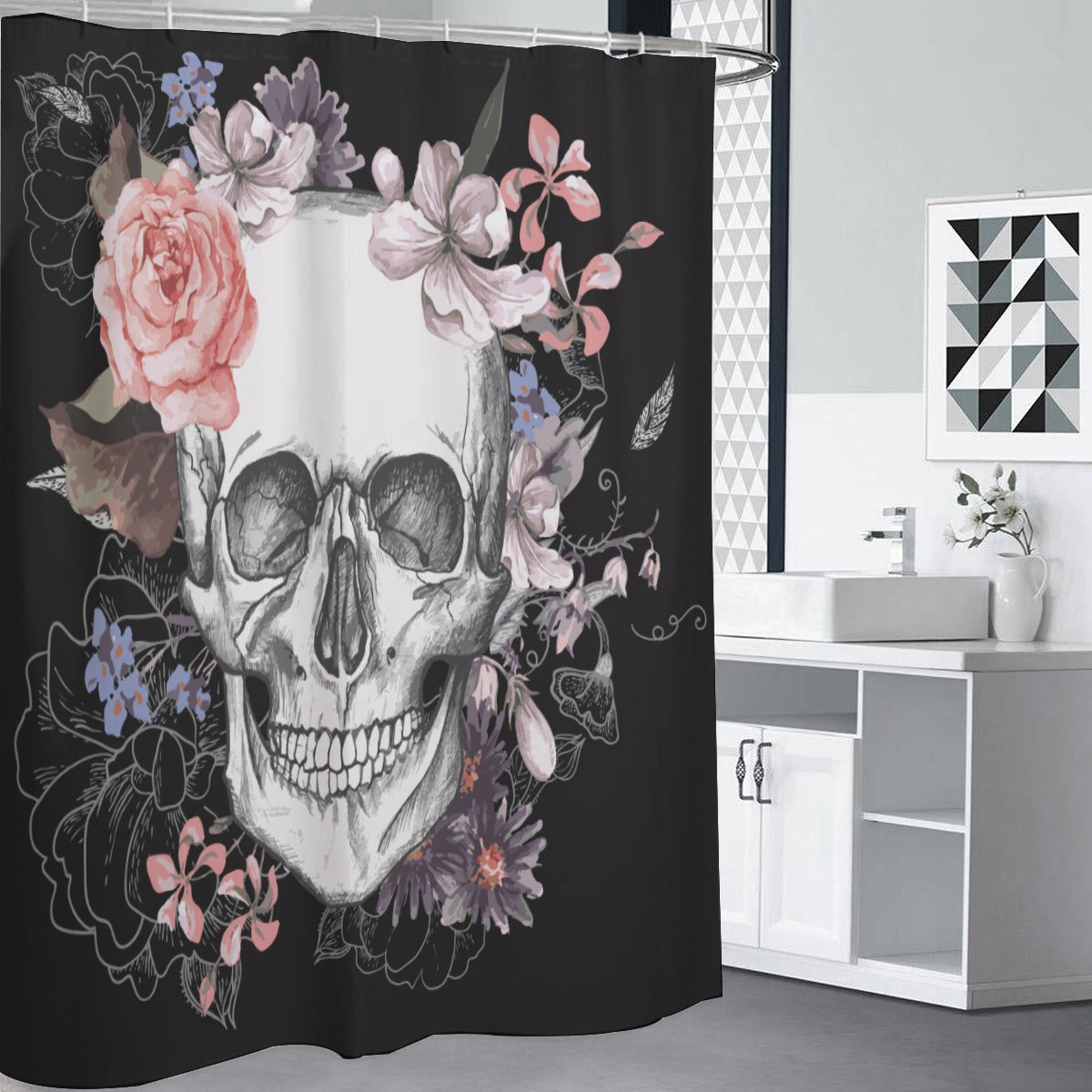 Floral sugar skull Shower Curtains 150（gsm), Day of the dead Dia de los muertos shower curtains