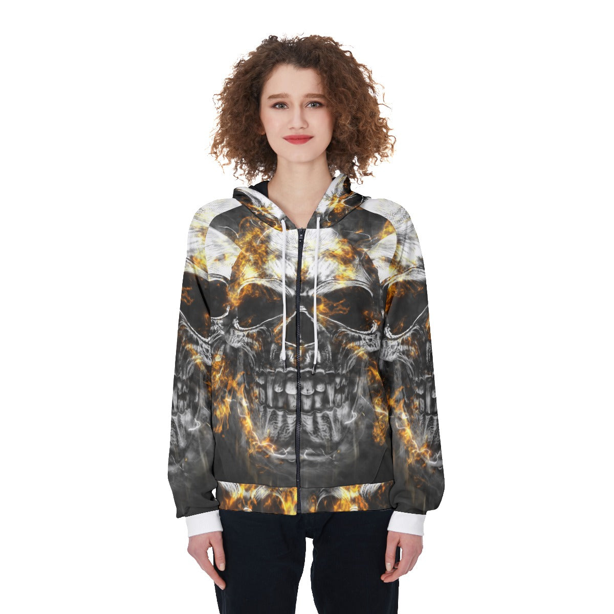 Flaming skull All-Over Print Women's Raglan Zip Up Hoodie