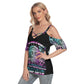 Sugar skull Women's Cold Shoulder T-shirt With Criss Cross Strips