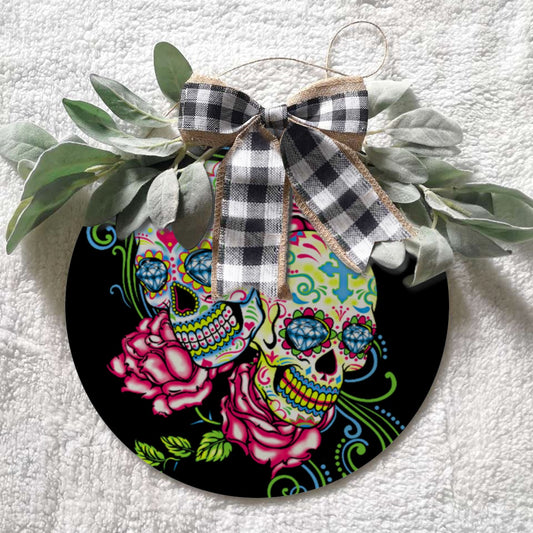 Sugar skull Round doorplate with bow decoration