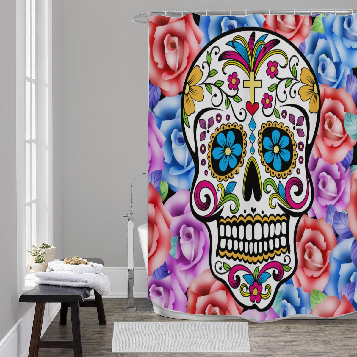 Day of the dead skull Shower Curtains 150（gsm), Grim reaper sugar skull shower curtains