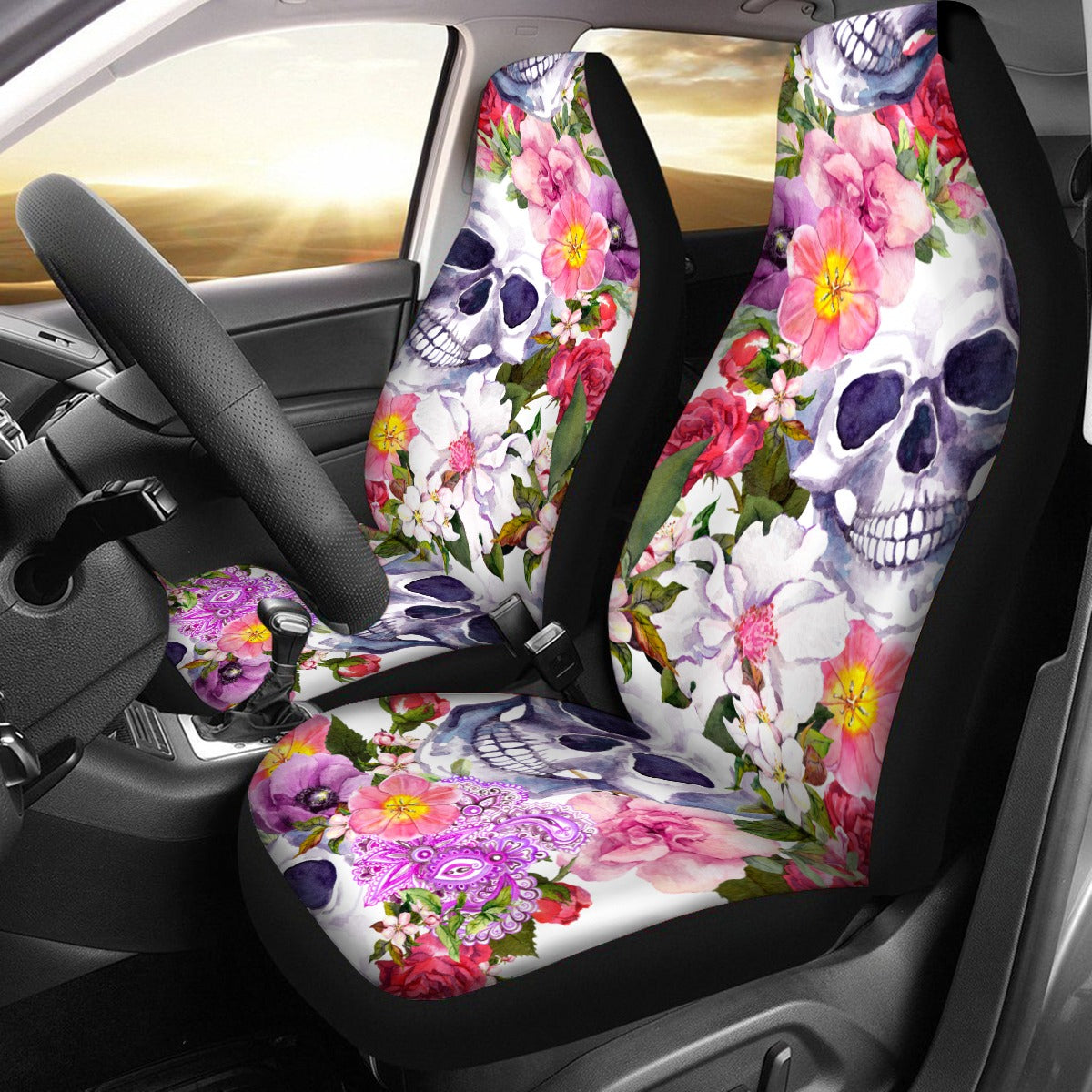 Set 2 pcs Floral skull Universal Car Seat Covers