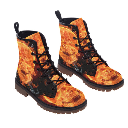 Flaming gothic skull men's boots, Halloween fire skeleton gothic boots shoes for men women