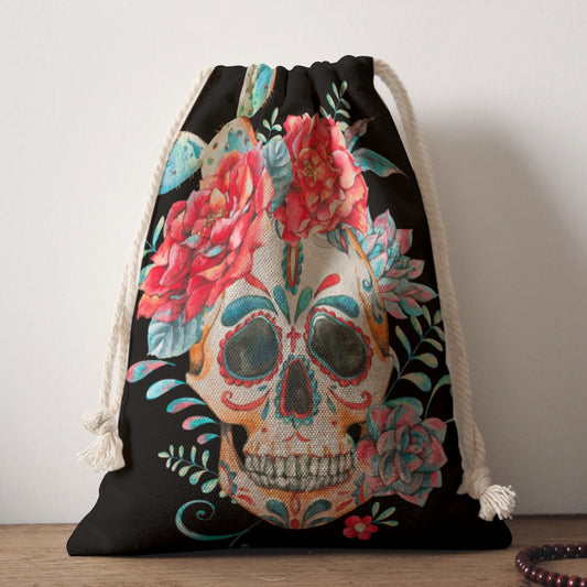 Floral skull Drawstring Bag, Gothic rose skull skeleton Drawstring Bag