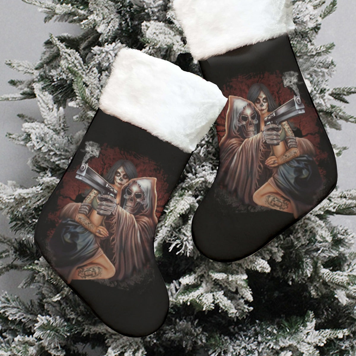 Grim reaper with girl Christmas Socks, Gothic skeleton skull christmas Xmas socks stockings