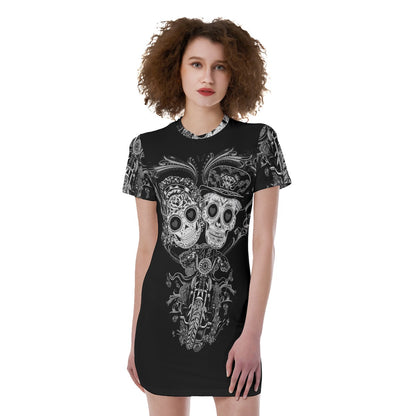 Sugar skull couple Women's Short Sleeve Tight Dress