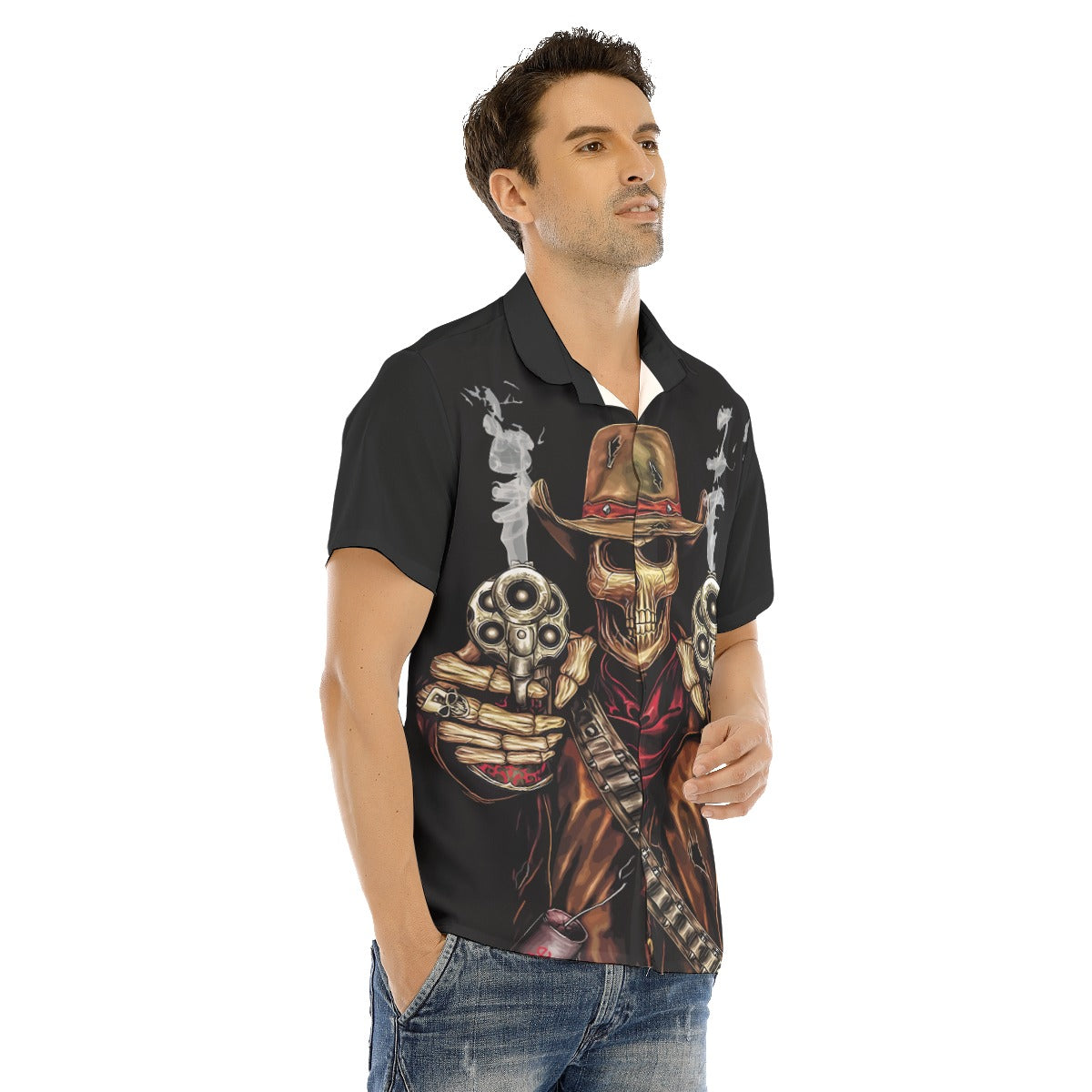 Gothic Grim reaper Men's Lapel Collar Short Sleeve T-shirt With Concealed Placket