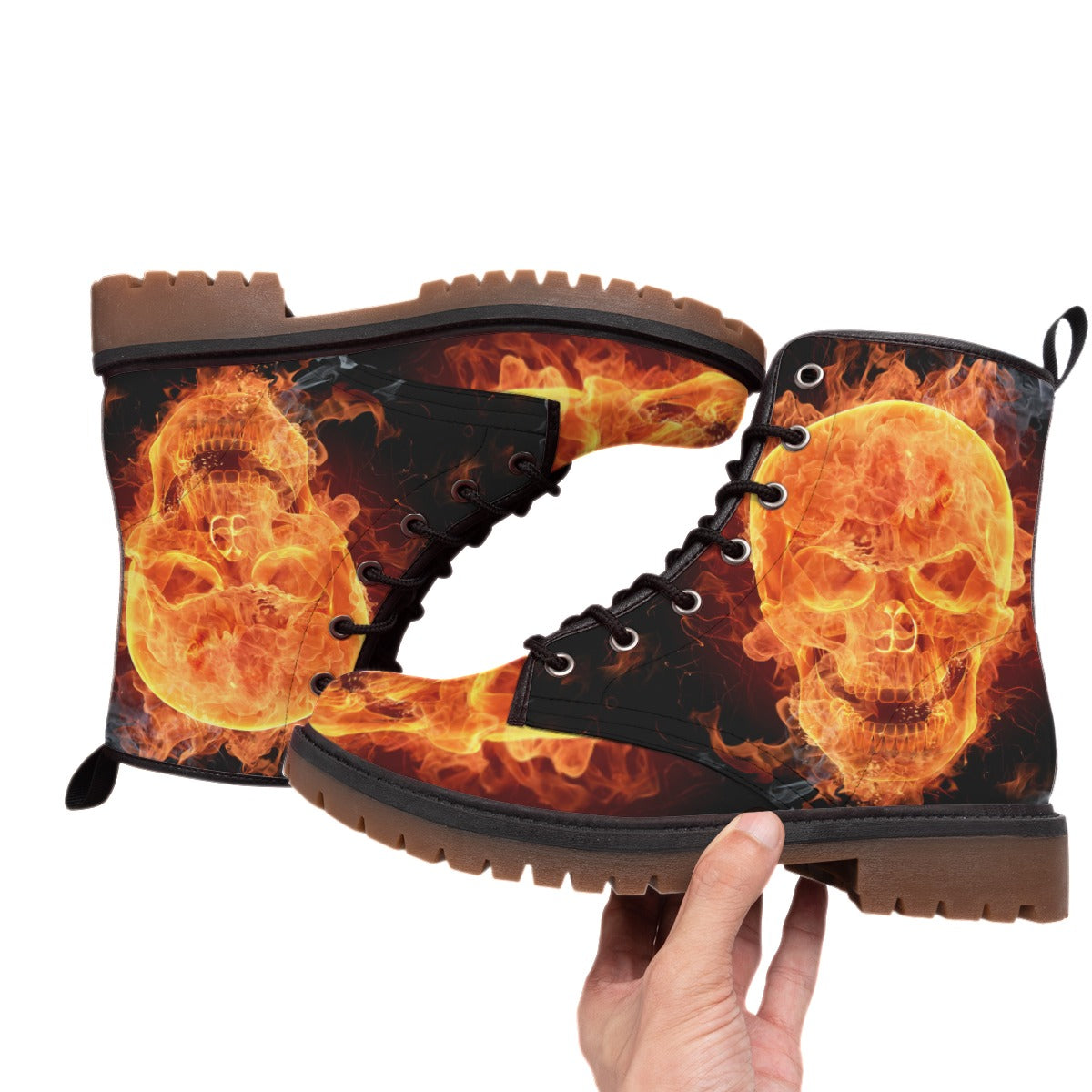 Flaming gothic skull men's boots, Halloween fire skeleton gothic boots shoes for men women