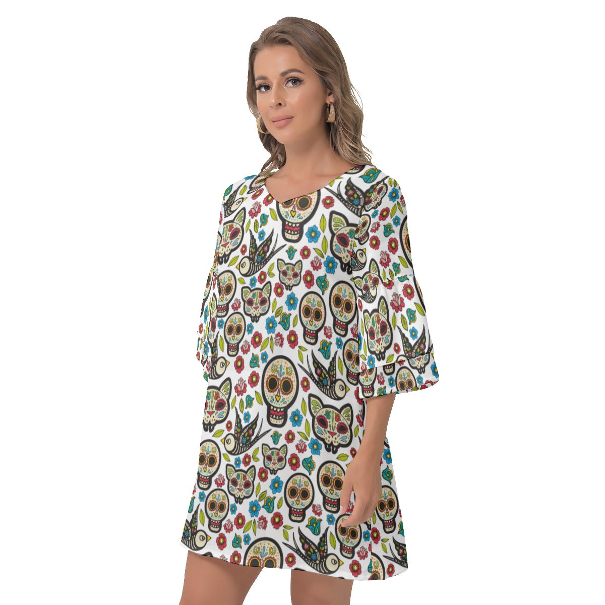 Sugar skull Day of the dead Women's V-Neck Dresss