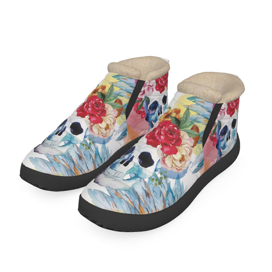 Floral skull Women's Plush Boots, Rose skull boots, skull shoes boots