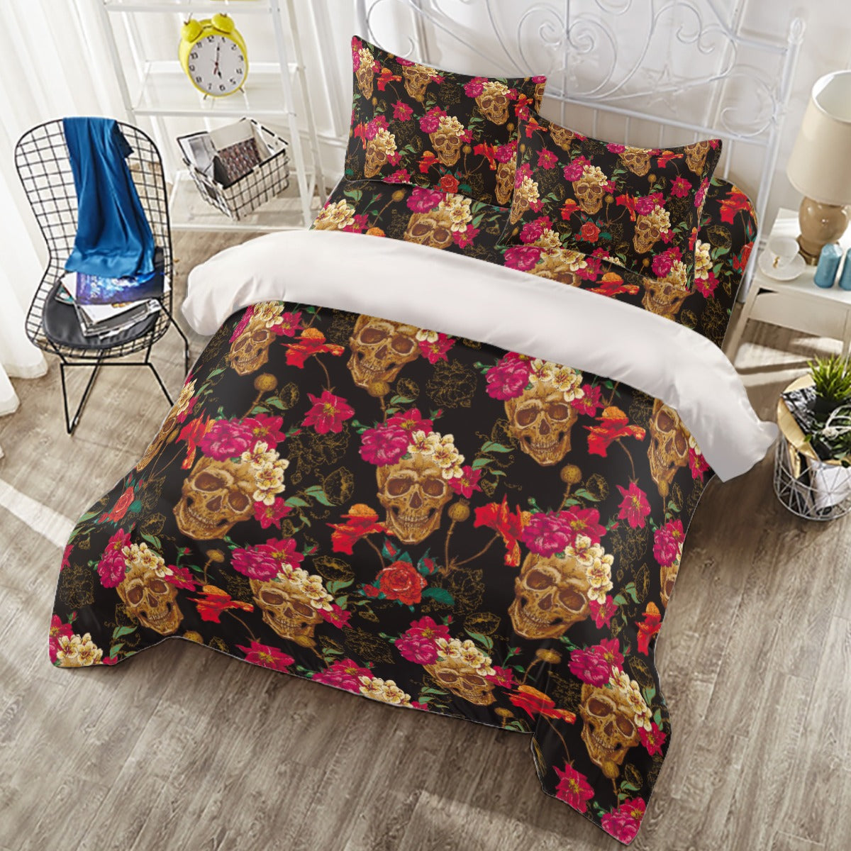 Floral skull Four-piece Duvet Cover Set, sugar skull bedding set, Day of the dead bedding