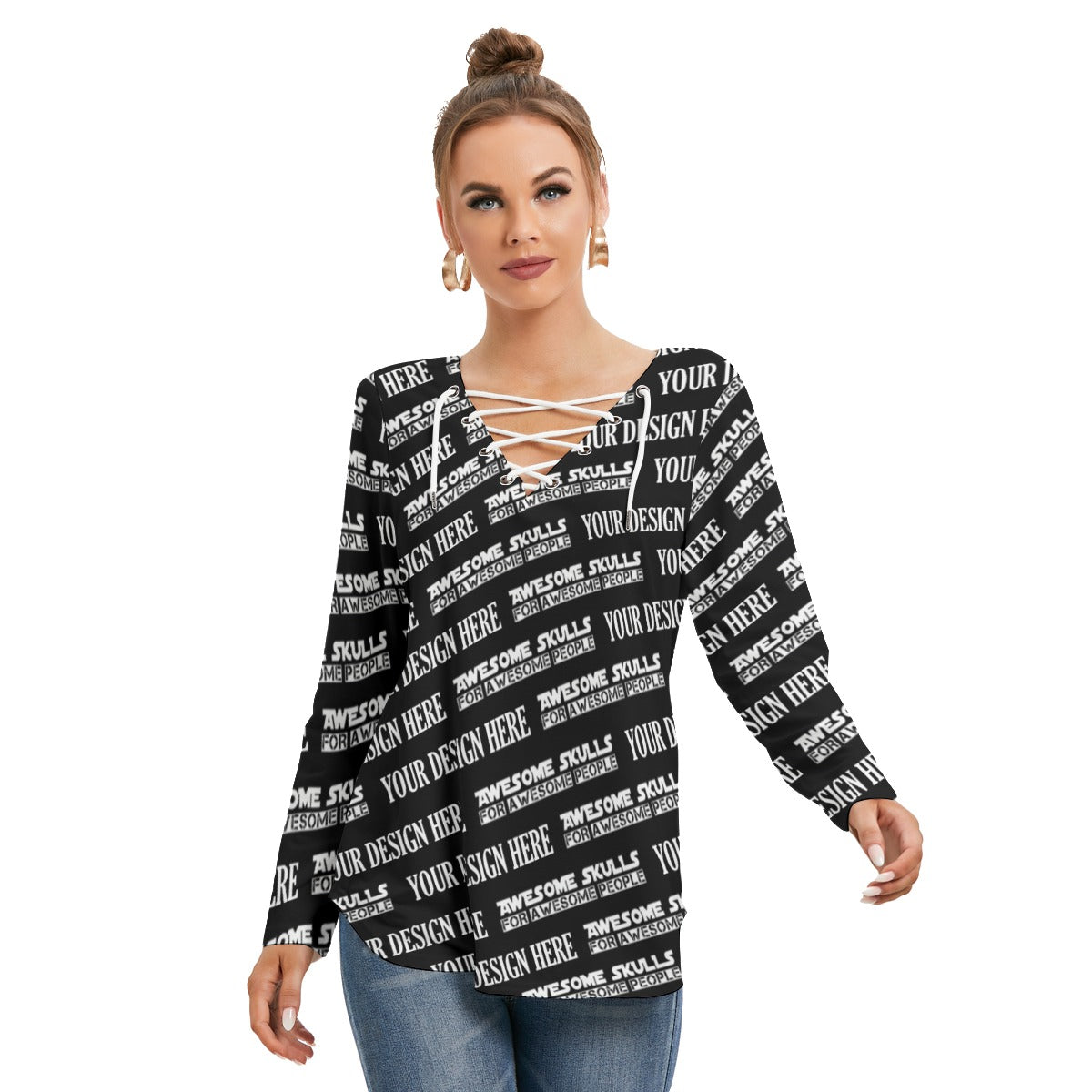 Custom print on demand pod Women's Hoodie Long Sleeve Neckline Tie Sweatshirt