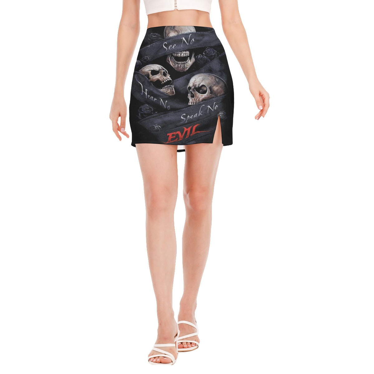 See no hear no speak no evil Halloween skull Women's Side Split Hip Skirt