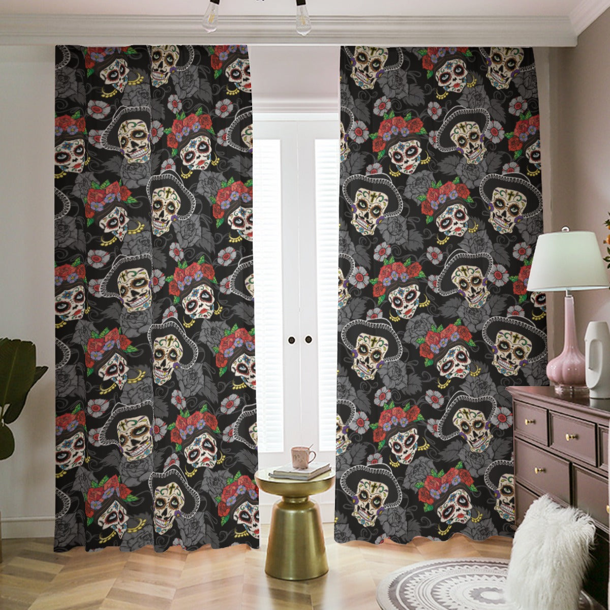 Sugar skull day of the dead window curtain Blackout Curtains with Hooks | 265(gsm)